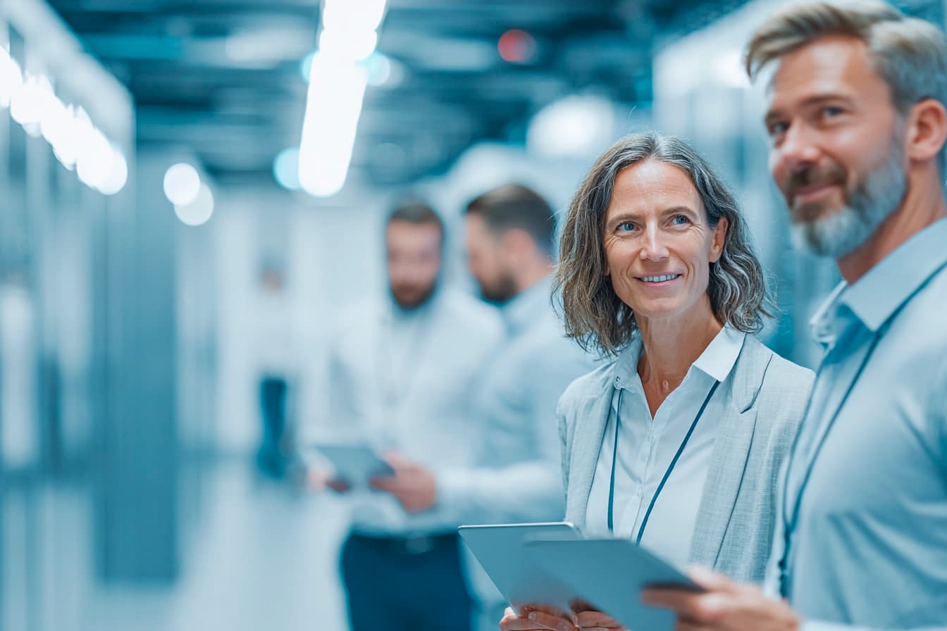 Ammattilaiset keskustelevat kriittisen infrastruktuurin turvallisuudesta modernissa teollisuusympäristössä ISO 27001 -standardin hengessä.