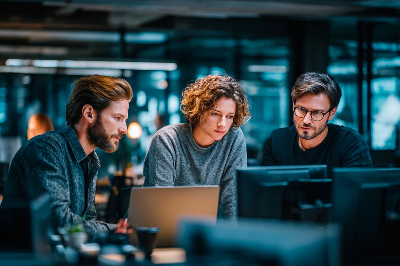 IT-tiimi tarkastelee tietoturvaohjelmistoja modernissa toimistossa, yhteistyötä ja ISO 27001 -standardin mukaista tietoturvaa korostaen.